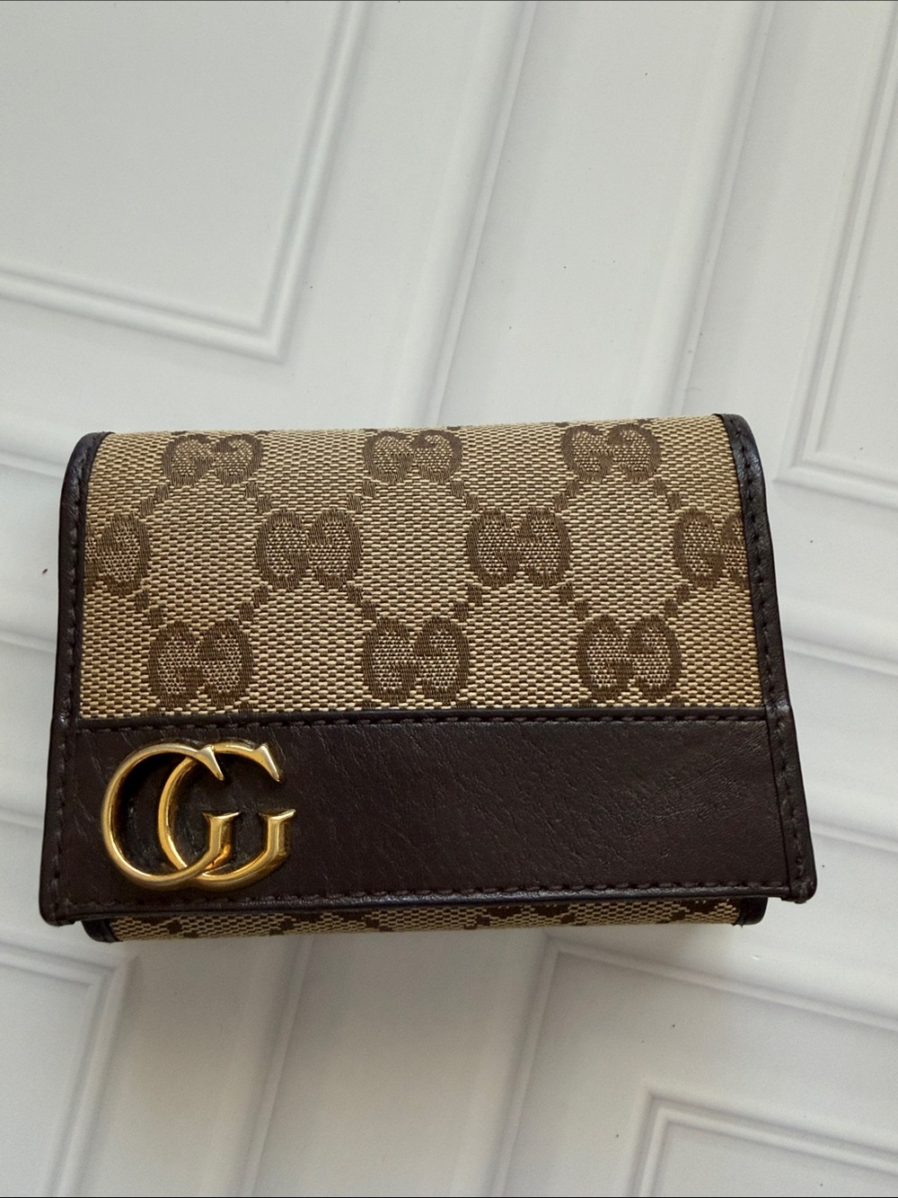 Gucci Beige Monogram Canvas Card Case with Brown Leather and Gold GG